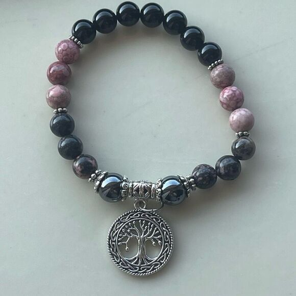 Rose coral jasper rhodonite hematite obsidian tree of life ONE NEW stretch brace - Picture 13 of 16